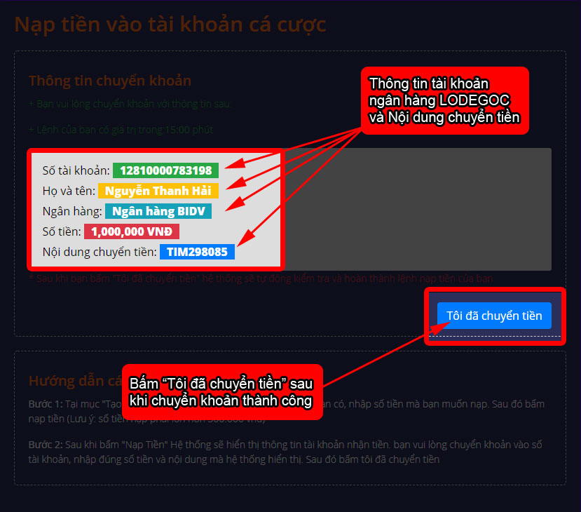 Chuyển tiền vào tài khoản ngân hàng LODEGOC