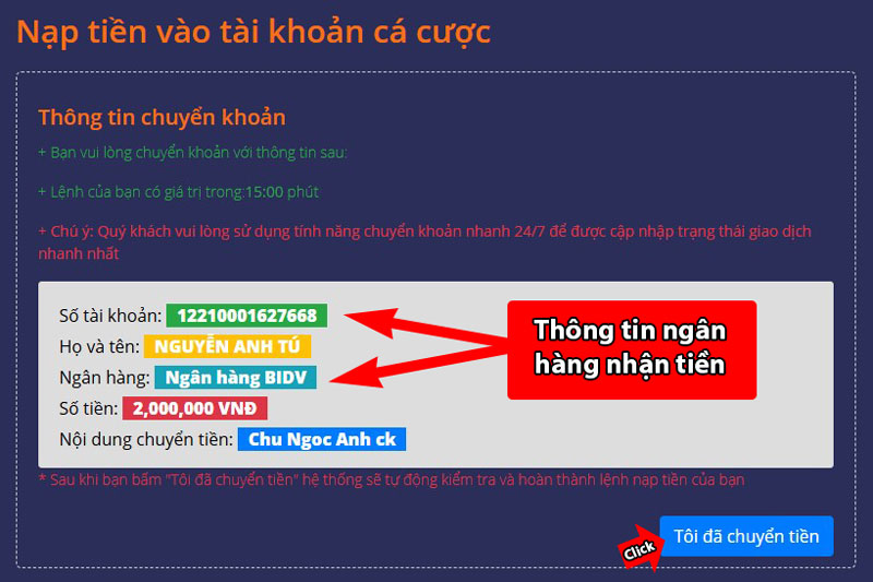 CHuyển tiền vào tài khoản ngân hàng nhận tiền