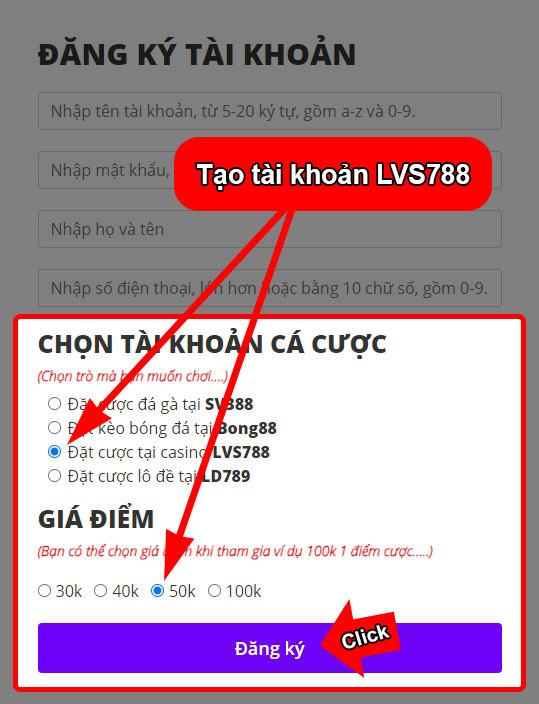 Tạo tài khoản LVS788